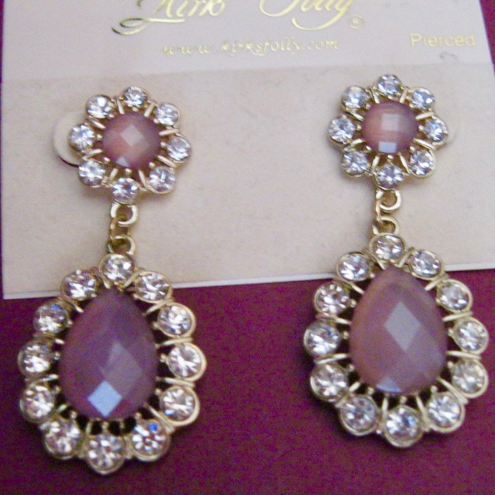 KIRKS FOLLY NEW/GORGEOUS "PINK/MAUVE RHINESTONE DROP EARRINGS W/POST BACK" SALE!